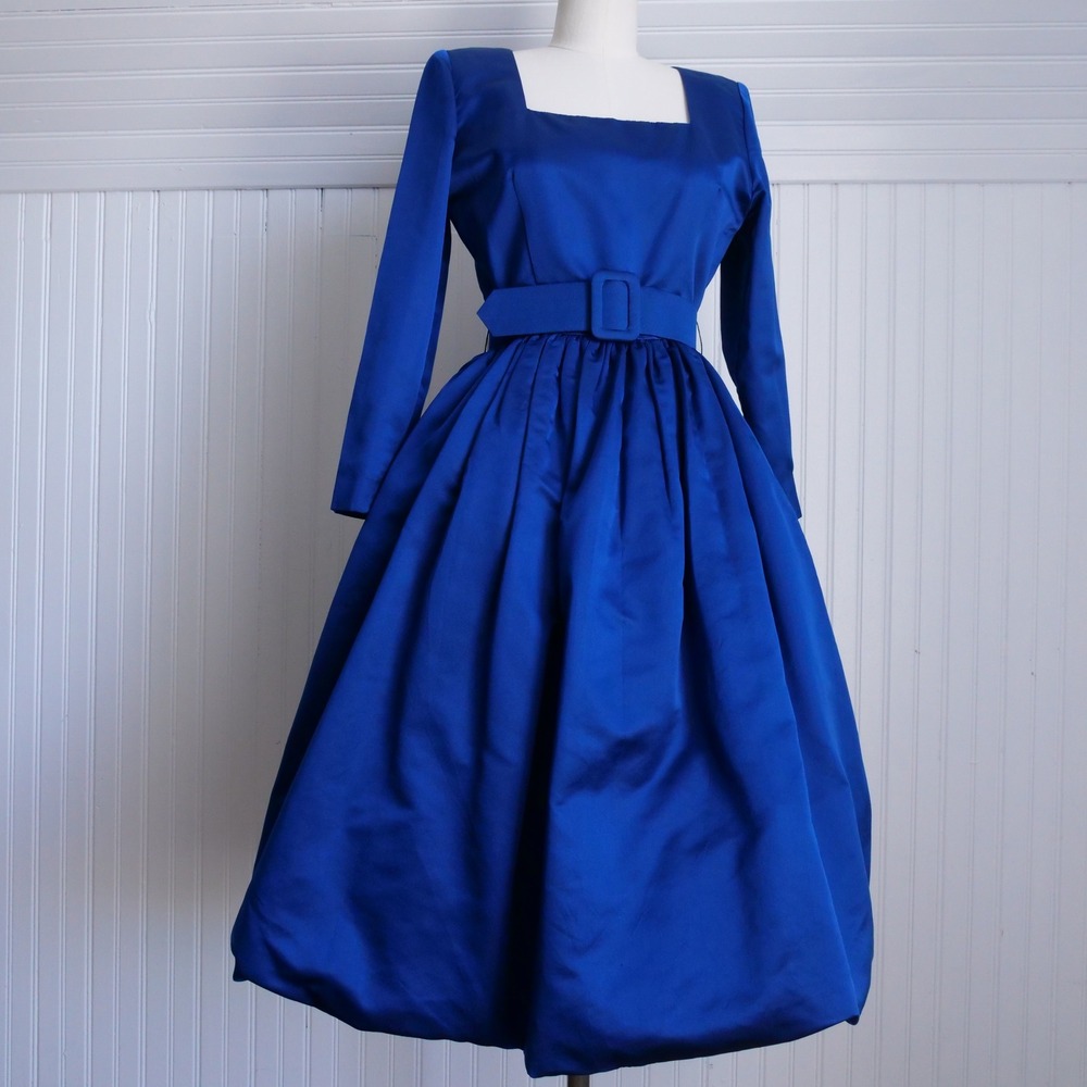 AMAZING 90s William Pearson‎ cobalt blue satin bubble hem cocktail dress - Picture 7 of 8